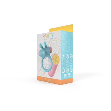Stylishly packaged Party Color RINY Rabbit Cock Ring, displaying its whimsical design and luxury branding, perfect for a delightful gift experience.
